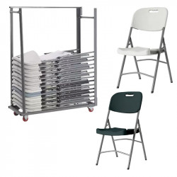 Promotion : 24 chaises pliantes blanches ou grises et chariot de transport