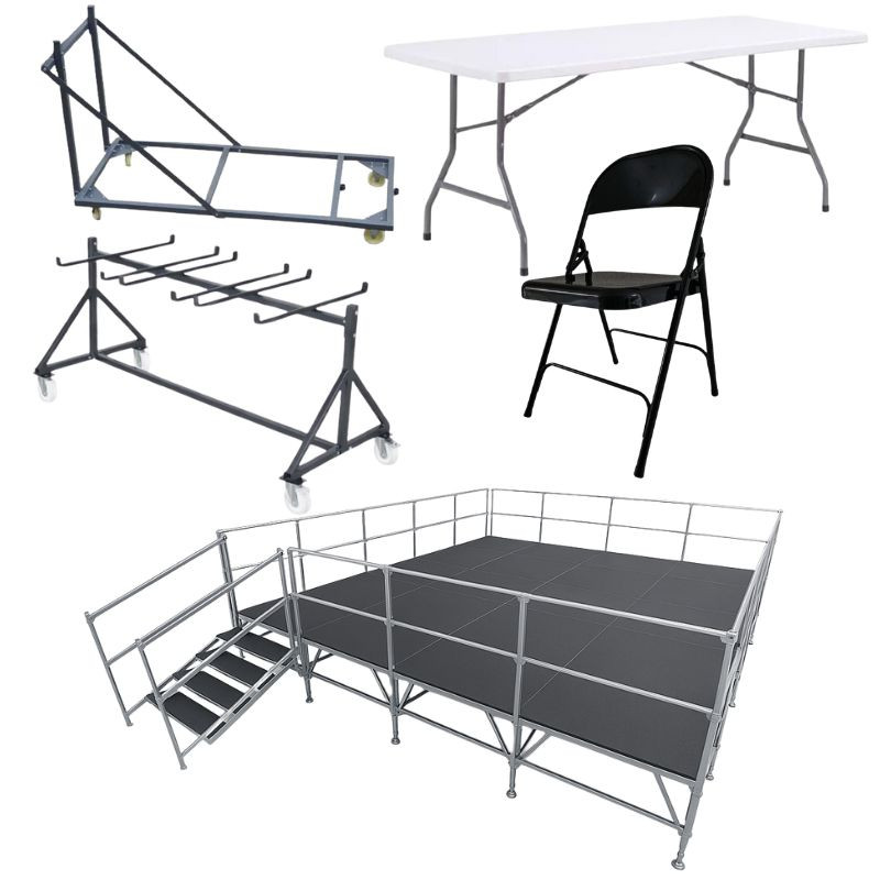 Mobilier événementiel en promotion avec chaises tables podium et chariot