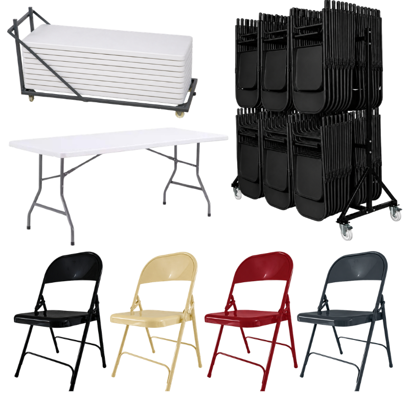 Lot de chaises, tables et chariot pour salles polyvalentes