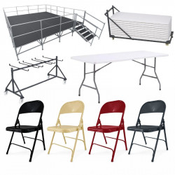 Mobilier événementiel en promotion avec chaises tables podium et chariot
