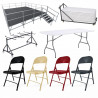 Mobilier événementiel en promotion avec chaises tables podium et chariot