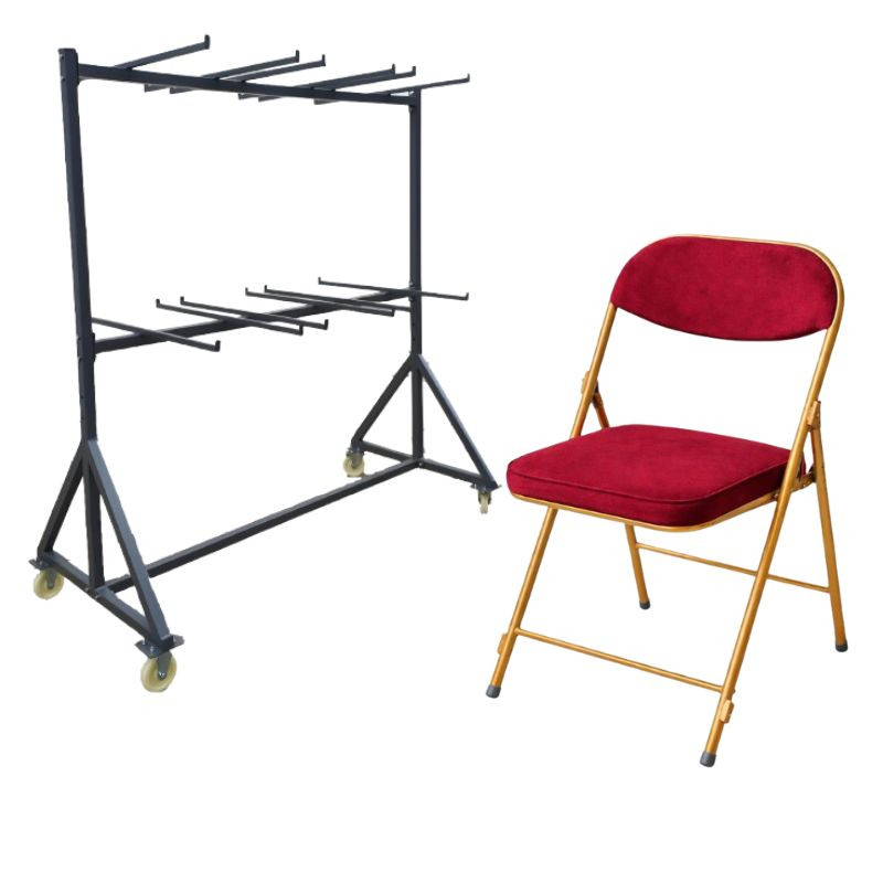 lot chaises en velours rouge pliantes et chariot de rangement
