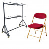 lot chaises en velours rouge pliantes et chariot de rangement