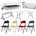 Mobilier événementiel en promotion avec chaises tables podium et chariot