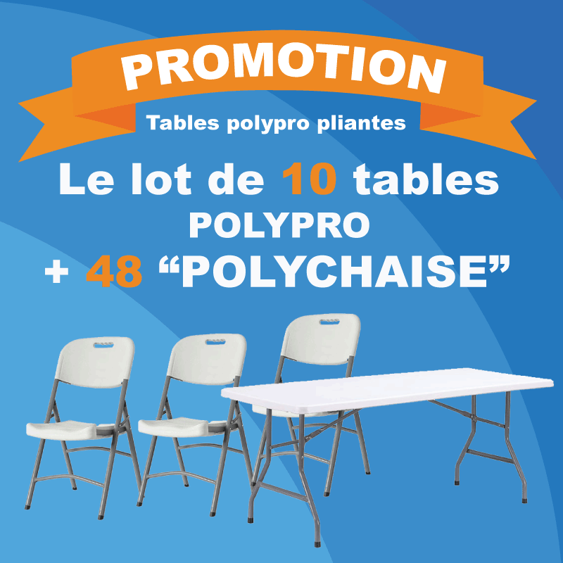 Lot de 10 tables pliantes en polypro et ses 48 chaises pliantes "Polychaise" Lot de 10 tables pliantes en polypro et ses 48 chaises pliantes "Polychaise"