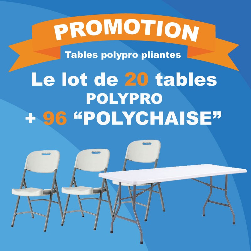 Un lot de 20 tables pliantes et 96 chaises polypro Un lot de 20 tables pliantes et 96 chaises polypro