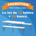 PROMOTION sur le lot de 10 tables pliantes + 20 bancs pliants en polypro