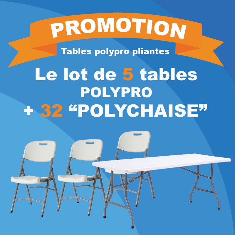 5 tables pliantes en polypro avec 32 Polychaises confortables.