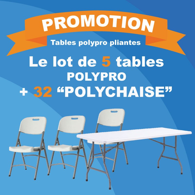5 tables pliantes en polypro avec 32 Polychaises confortables. 5 tables pliantes en polypro avec 32 Polychaises confortables.
